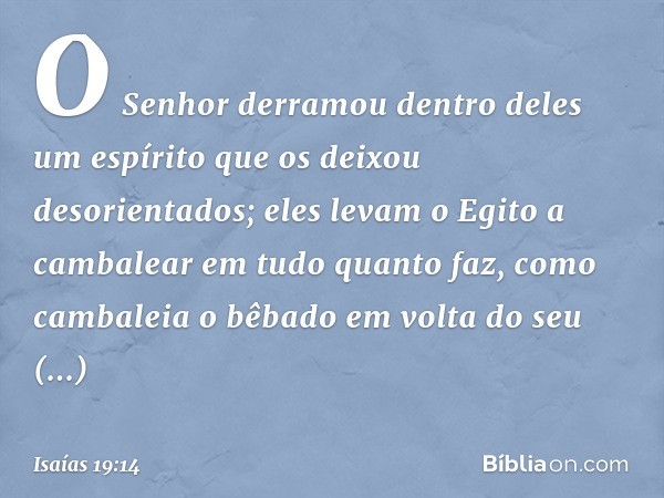 O Senhor derramou dentro deles
um espírito que os deixou desorientados;
eles levam o Egito a cambalear
em tudo quanto faz,
como cambaleia o bêbado
em volta do s