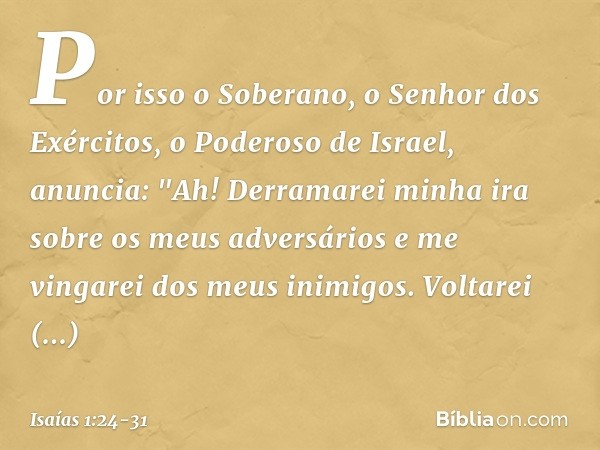 Por isso o Soberano,
o Senhor dos Exércitos,
o Poderoso de Israel, anuncia:
"Ah! Derramarei minha ira
sobre os meus adversários
e me vingarei dos meus inimigos.