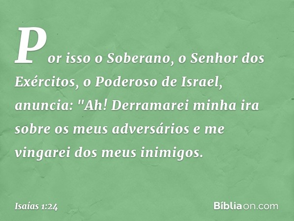 Por isso o Soberano,
o Senhor dos Exércitos,
o Poderoso de Israel, anuncia:
"Ah! Derramarei minha ira
sobre os meus adversários
e me vingarei dos meus inimigos.