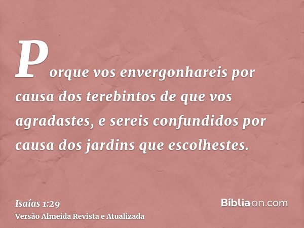 Porque vos envergonhareis por causa dos terebintos de que vos agradastes, e sereis confundidos por causa dos jardins que escolhestes.