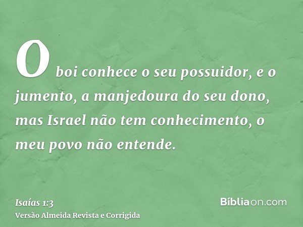 O boi conhece o seu possuidor, e o jumento, a manjedoura do seu dono, mas Israel não tem conhecimento, o meu povo não entende.