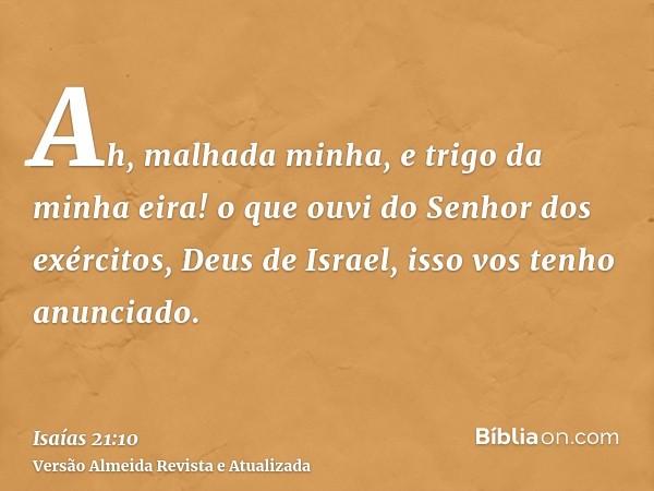 Ah, malhada minha, e trigo da minha eira! o que ouvi do Senhor dos exércitos, Deus de Israel, isso vos tenho anunciado.