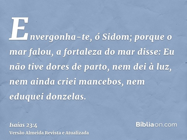 Envergonha-te, ó Sidom; porque o mar falou, a fortaleza do mar disse: Eu não tive dores de parto, nem dei à luz, nem ainda criei mancebos, nem eduquei donzelas.