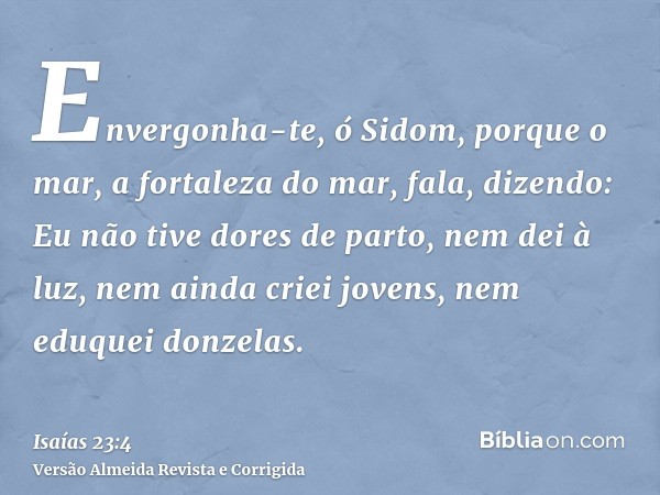 Envergonha-te, ó Sidom, porque o mar, a fortaleza do mar, fala, dizendo: Eu não tive dores de parto, nem dei à luz, nem ainda criei jovens, nem eduquei donzelas