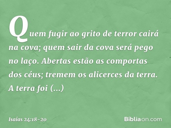 Quem fugir ao grito de terror
cairá na cova;
quem sair da cova será pego no laço.
Abertas estão as comportas dos céus;
tremem os alicerces da terra. A terra foi
