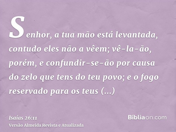 Senhor, a tua mão está levantada, contudo eles não a vêem; vê-la-ão, porém, e confundir-se-ão por causa do zelo que tens do teu povo; e o fogo reservado para os