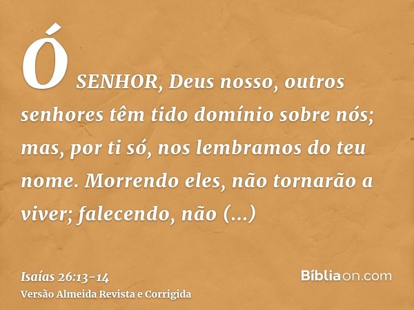 Ó SENHOR, Deus nosso, outros senhores têm tido domínio sobre nós; mas, por ti só, nos lembramos do teu nome.Morrendo eles, não tornarão a viver; falecendo, não 
