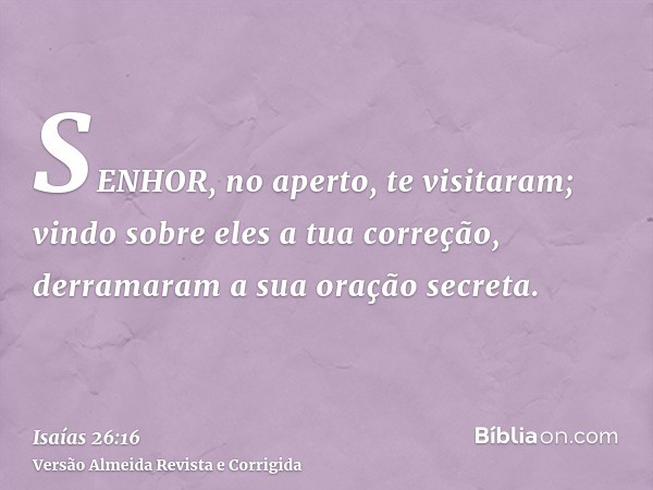 SENHOR, no aperto, te visitaram; vindo sobre eles a tua correção, derramaram a sua oração secreta.