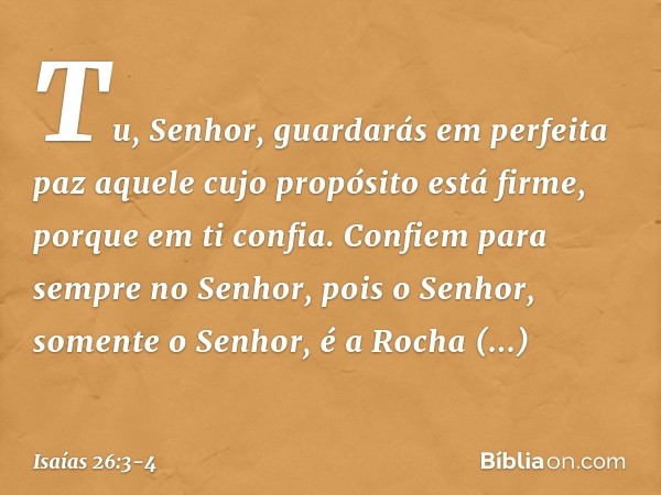 Tu, Senhor, guardarás em perfeita paz
aquele cujo propósito está firme,
porque em ti confia. Confiem para sempre no Senhor,
pois o Senhor, somente o Senhor,
é a