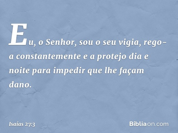 Eu, o Senhor, sou o seu vigia,
rego-a constantemente
e a protejo dia e noite
para impedir que lhe façam dano. -- Isaías 27:3