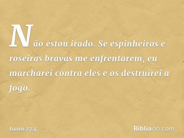 Não estou irado.
Se espinheiros e roseiras bravas
me enfrentarem,
eu marcharei contra eles
e os destruirei a fogo. -- Isaías 27:4