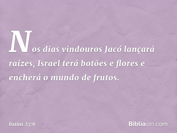 Nos dias vindouros Jacó lançará raízes,
Israel terá botões e flores
e encherá o mundo de frutos. -- Isaías 27:6