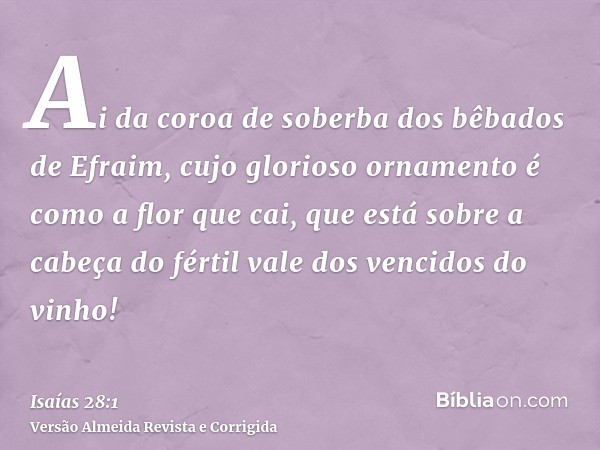 Ai da coroa de soberba dos bêbados de Efraim, cujo glorioso ornamento é como a flor que cai, que está sobre a cabeça do fértil vale dos vencidos do vinho!