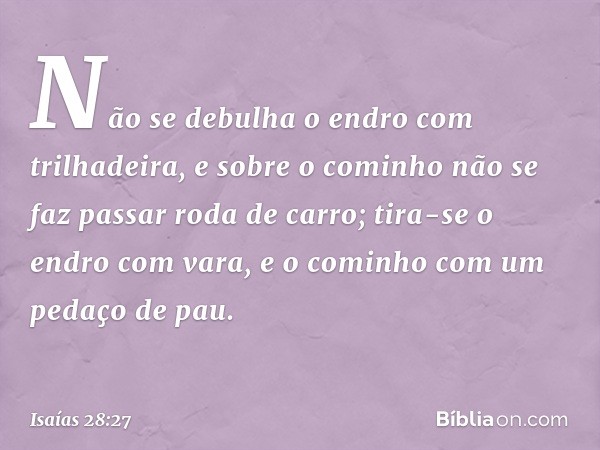 Não se debulha o endro com trilhadeira,
e sobre o cominho não se faz passar
roda de carro;
tira-se o endro com vara,
e o cominho com um pedaço de pau. -- Isaías