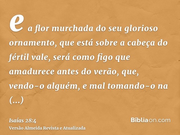 e a flor murchada do seu glorioso ornamento, que está sobre a cabeça do fértil vale, será como figo que amadurece antes do verão, que, vendo-o alguém, e mal tom