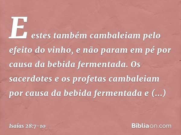 E estes também cambaleiam
pelo efeito do vinho,
e não param em pé
por causa da bebida fermentada.
Os sacerdotes e os profetas cambaleiam
por causa da bebida fer