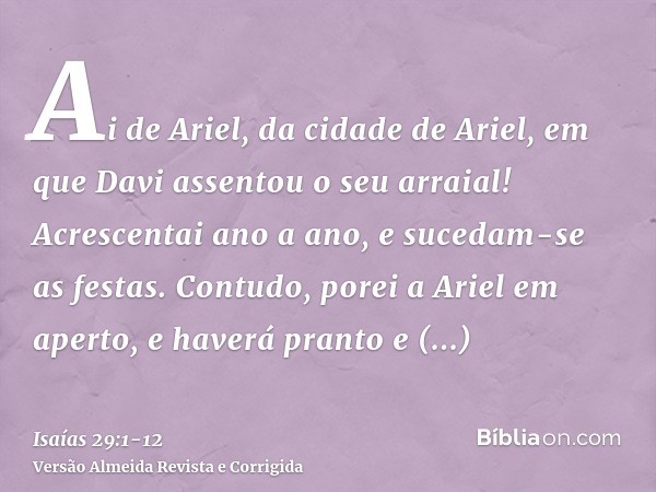 Ai de Ariel, da cidade de Ariel, em que Davi assentou o seu arraial! Acrescentai ano a ano, e sucedam-se as festas.Contudo, porei a Ariel em aperto, e haverá pr