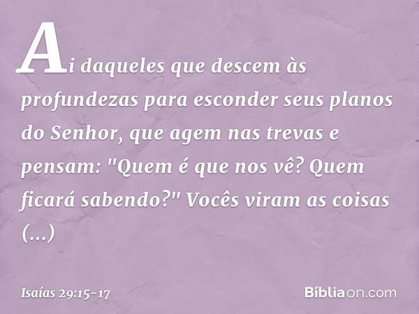 Ai daqueles que descem às profundezas
para esconder seus planos do Senhor,
que agem nas trevas e pensam:
"Quem é que nos vê?
Quem ficará sabendo?" Vocês viram a