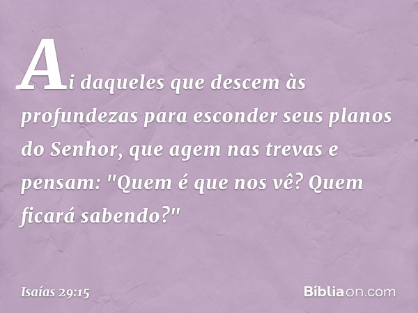 Ai daqueles que descem às profundezas
para esconder seus planos do Senhor,
que agem nas trevas e pensam:
"Quem é que nos vê?
Quem ficará sabendo?" -- Isaías 29: