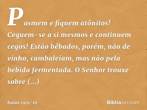 Pasmem e fiquem atônitos!
Ceguem-se a si mesmos
e continuem cegos!
Estão bêbados, porém, não de vinho,
cambaleiam, mas não pela
bebida fermentada. O Senhor trou