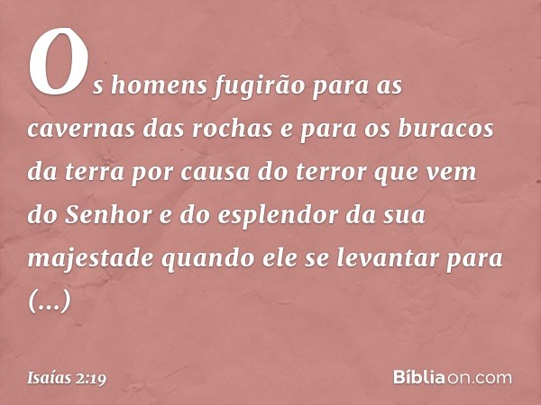 Os homens fugirão
para as cavernas das rochas
e para os buracos da terra
por causa do terror
que vem do Senhor
e do esplendor da sua majestade
quando ele se lev