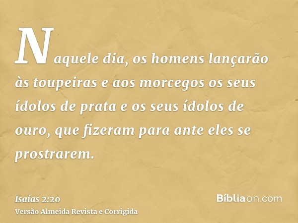 Naquele dia, os homens lançarão às toupeiras e aos morcegos os seus ídolos de prata e os seus ídolos de ouro, que fizeram para ante eles se prostrarem.