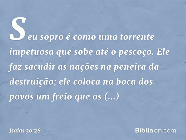 Seu sopro é como
uma torrente impetuosa
que sobe até o pescoço.
Ele faz sacudir as nações
na peneira da destruição;
ele coloca na boca dos povos
um freio que os