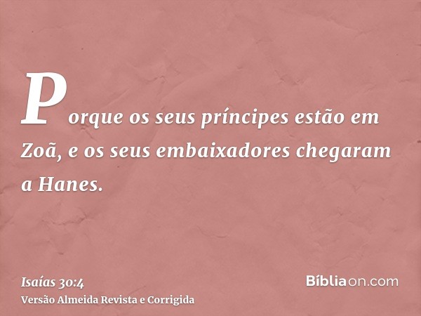 Porque os seus príncipes estão em Zoã, e os seus embaixadores chegaram a Hanes.