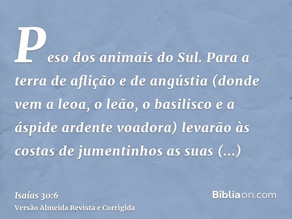 Peso dos animais do Sul. Para a terra de aflição e de angústia (donde vem a leoa, o leão, o basilisco e a áspide ardente voadora) levarão às costas de jumentinh