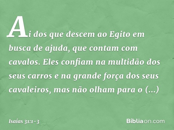 Ai dos que descem ao Egito
em busca de ajuda,
que contam com cavalos.
Eles confiam na multidão dos seus carros
e na grande força dos seus cavaleiros,
mas não ol