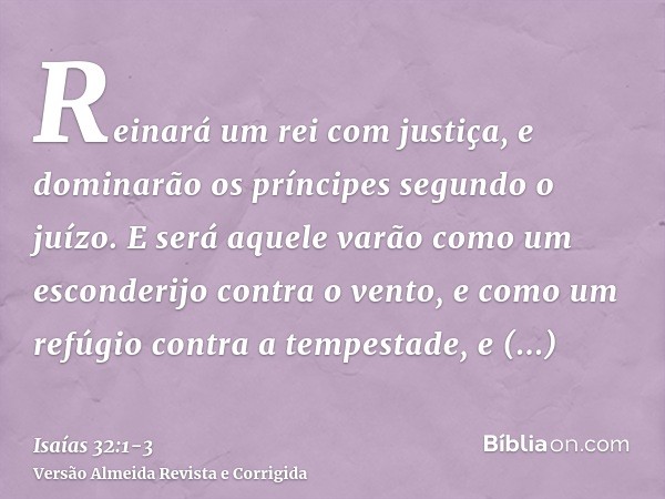 Reinará um rei com justiça, e dominarão os príncipes segundo o juízo.E será aquele varão como um esconderijo contra o vento, e como um refúgio contra a tempesta