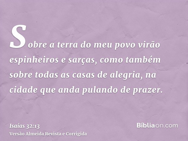 Sobre a terra do meu povo virão espinheiros e sarças, como também sobre todas as casas de alegria, na cidade que anda pulando de prazer.