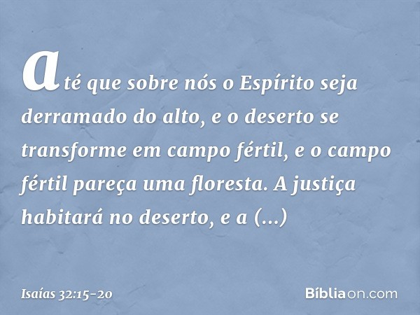 até que sobre nós o Espírito
seja derramado do alto,
e o deserto se transforme em campo fértil,
e o campo fértil pareça uma floresta. A justiça habitará no dese