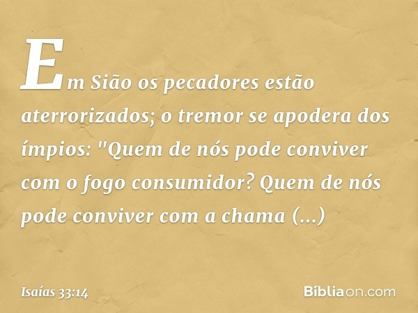 Em Sião os pecadores
estão aterrorizados;
o tremor se apodera dos ímpios:
"Quem de nós pode conviver
com o fogo consumidor?
Quem de nós pode conviver
com a cham