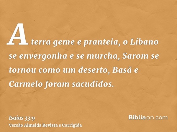 A terra geme e pranteia, o Líbano se envergonha e se murcha, Sarom se tornou como um deserto, Basã e Carmelo foram sacudidos.