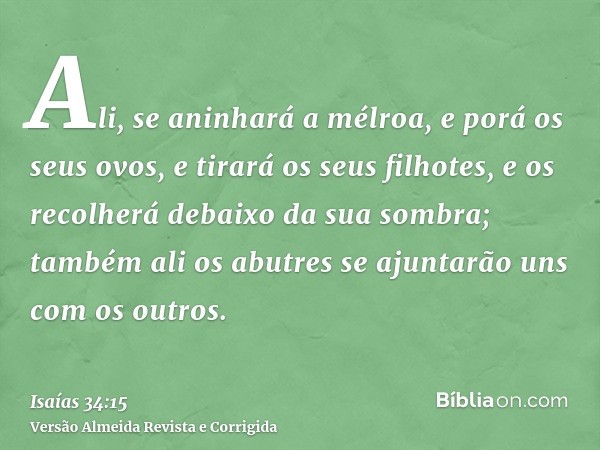 Ali, se aninhará a mélroa, e porá os seus ovos, e tirará os seus filhotes, e os recolherá debaixo da sua sombra; também ali os abutres se ajuntarão uns com os o