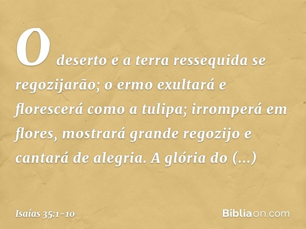 O deserto e a terra ressequida
se regozijarão;
o ermo exultará e florescerá
como a tulipa; irromperá em flores,
mostrará grande regozijo
e cantará de alegria.
A