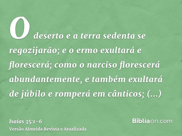 O deserto e a terra sedenta se regozijarão; e o ermo exultará e florescerá;como o narciso florescerá abundantemente, e também exultará de júbilo e romperá em câ