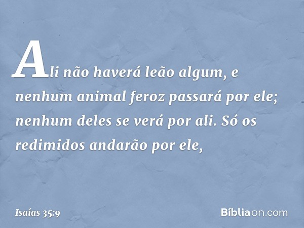 Ali não haverá leão algum,
e nenhum animal feroz passará por ele;
nenhum deles se verá por ali.
Só os redimidos andarão por ele, -- Isaías 35:9