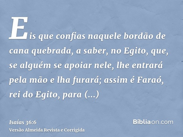 Eis que confias naquele bordão de cana quebrada, a saber, no Egito, que, se alguém se apoiar nele, lhe entrará pela mão e lha furará; assim é Faraó, rei do Egit