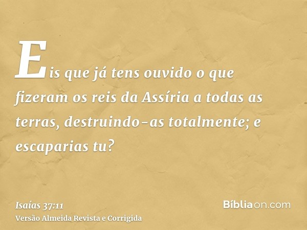 Eis que já tens ouvido o que fizeram os reis da Assíria a todas as terras, destruindo-as totalmente; e escaparias tu?