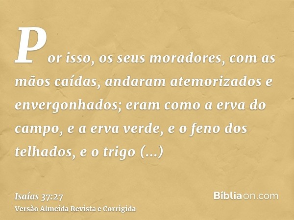 Por isso, os seus moradores, com as mãos caídas, andaram atemorizados e envergonhados; eram como a erva do campo, e a erva verde, e o feno dos telhados, e o tri
