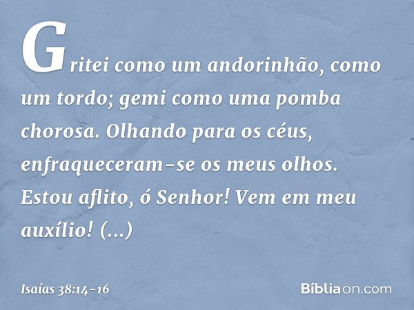 Gritei como um andorinhão,
como um tordo;
gemi como uma pomba chorosa.
Olhando para os céus,
enfraqueceram-se os meus olhos.
Estou aflito, ó Senhor!
Vem em meu 