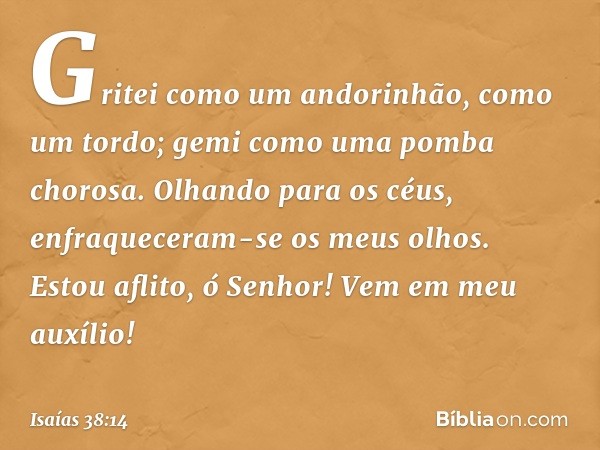 Gritei como um andorinhão,
como um tordo;
gemi como uma pomba chorosa.
Olhando para os céus,
enfraqueceram-se os meus olhos.
Estou aflito, ó Senhor!
Vem em meu 