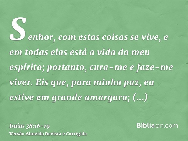 Senhor, com estas coisas se vive, e em todas elas está a vida do meu espírito; portanto, cura-me e faze-me viver.Eis que, para minha paz, eu estive em grande am