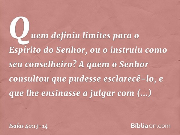 Quem definiu limites
para o Espírito do Senhor,
ou o instruiu como seu conselheiro? A quem o Senhor consultou
que pudesse esclarecê-lo,
e que lhe ensinasse a ju