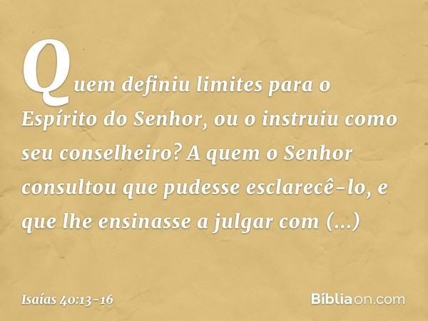 Quem definiu limites
para o Espírito do Senhor,
ou o instruiu como seu conselheiro? A quem o Senhor consultou
que pudesse esclarecê-lo,
e que lhe ensinasse a ju