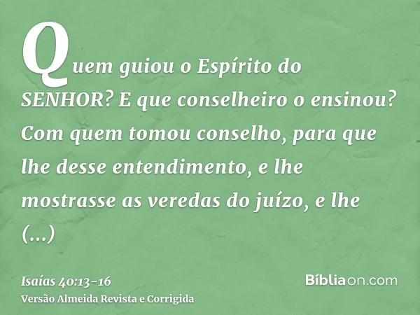 Quem guiou o Espírito do SENHOR? E que conselheiro o ensinou?Com quem tomou conselho, para que lhe desse entendimento, e lhe mostrasse as veredas do juízo, e lh