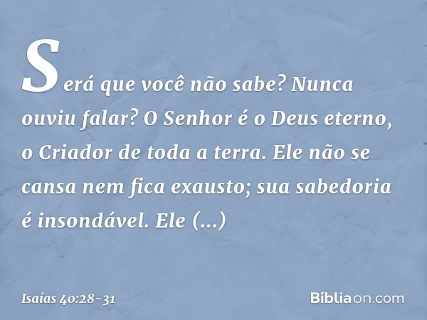 Será que você não sabe?
Nunca ouviu falar?
O Senhor é o Deus eterno,
o Criador de toda a terra.
Ele não se cansa nem fica exausto;
sua sabedoria é insondável. E