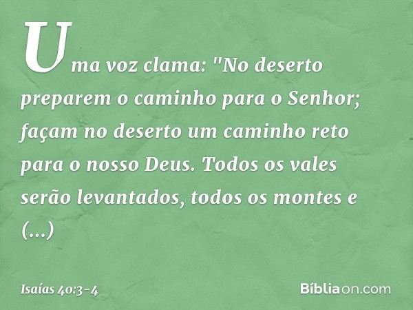 Uma voz clama:
"No deserto preparem o caminho
para o Senhor;
façam no deserto um caminho reto
para o nosso Deus. Todos os vales serão levantados,
todos os monte